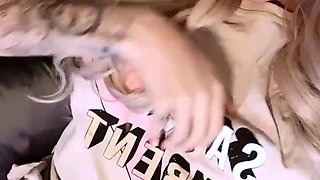 Non stop blonde with big boobs cock jerks off on the bed