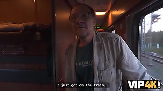 VIP4K. Young redhead does anal for a strangers attention in the train