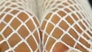 Ebony Girl Shows off Her Feet with French Pedicure in Her White Fishnets