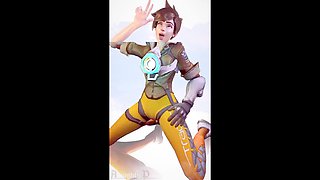 Nude Tracer from Resident Evil rides a powerful vibrator while her huge tits jiggle