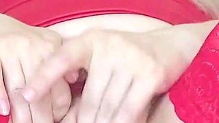 MILF in Red Plays with Pussy Fingers in Panties