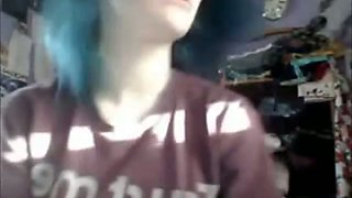 Blue haired amateur emo girl with pierced lip was rubbing her clit