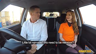 British Redhead with big tits & a high-pitched voice gets a sticky cumshot on her hairy pussy in Fake Driving School