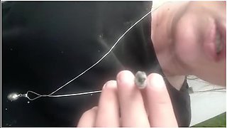 Smoking Cigarette In Black Pantyhose Outside Make Hole For My Clit And Turn Off Cigaret By My Pee