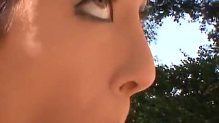 Sweet black haired teen sucking dick outdoors and getting pussy slammed indoors