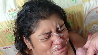Indian Stepmother Ends up with Her Face Covered in Milk and Piss in Her Mouth After a Strong Blowjob