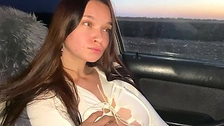 Busty babe sucked my dick in a car showing her big tits