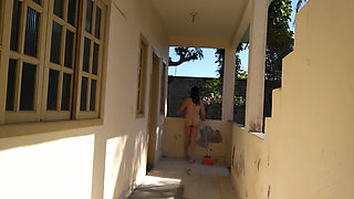 Amateur wife exhibitionist masturbates naked on front porch