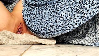 Pregnant teen cums hard in a long dress at home