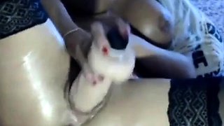 Blonde Russian in Stockings Plays with Dildo on Webcam