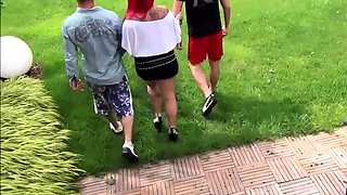 Threesome fucking at the pool with tattooed Red-Storm