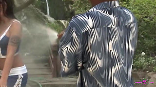 Busty Brunette Gets All Wet While Cleaning a Car and Gets Fucked by a BBC.