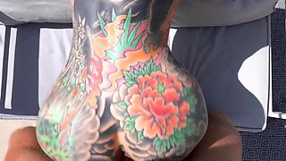 Inked Goth girl cums by the pool - POV Amateur