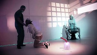 Busty blondie in a straightjacket has hot threesome with two doctors