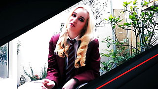 Blonde British 18 Year Old Schoolgirl Sucks Cock And Swallows A Massive Load Of Cum