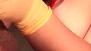 Naked Chubby MILF Gives Me Gloved Handjob and Makes My Cock Explode Cum