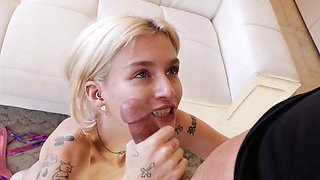 Old guy fucked skinny blonde babe Emma Rosie on the sofa.