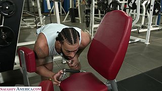 Petite blonde Anya Olsen works out on some big black cock at they gym