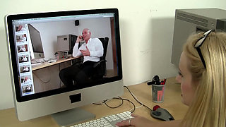 Alluring blonde secretary gets slammed in her both holes