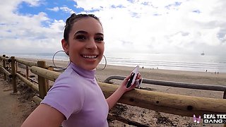 Cute teen Aria Valencia blows a guy's cock outdoors and lets him fuck her inside