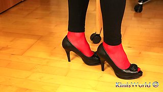 Peeptoe Dangling in Red Stockings & Black Leggings