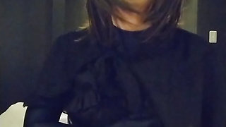 A cross-dressing boy wearing a black dress masturbated wearing black full-body tights on the inner layer and felt good.