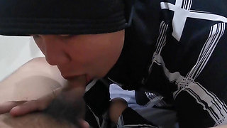 Muslim girl blows her step-brother like sucking and drinking.