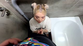 Blonde bombshell gets a mouthful of cum in the bathroom