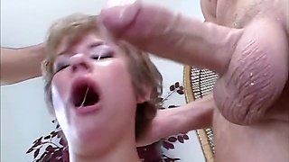 Shorthaired teen takes 2 dicks at once