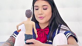 Little Asian Brenna in Uniform Having Sex With Her Doll