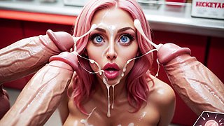 Emma and Jack Hard Sex in the Supermarket. Blowjob, Anal Creampied, Bukkake