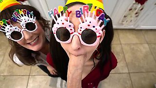 Mature stepmom Melody Mynx and MILF stepsis giving blowjob for birthday