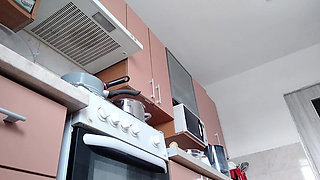 Sexy Naked Wife Preparing Food in the Kitchen. Hairy Brunette, Big Ass, Big Tits.