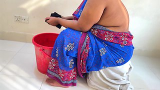 While the Desi Stepmom Washes Bra & Panties, Stepmom Took off the Stepson's Pants and Naked Him, Then Asks Him to Fuck Her - Cum