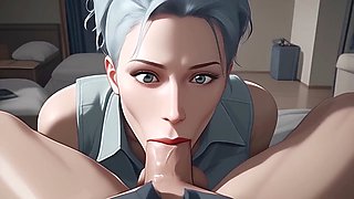Blue-haired milf Atkins' Heaven gives a mind-blowing deep-throat blowjob in animated style