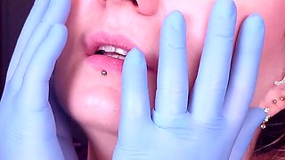 Face and Teeth Fetish Touch: Asmr Video in Blue Medical Mitrile Nurse Gloves. Arya Grander