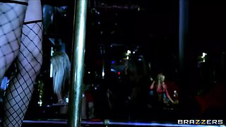 Big-tit brunette stripper Nikki Benz fucks a client at work