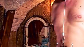 Whipping on restrained dick