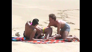 Threesome - Young Skinny Blondie Slut Fucks Her Stepdad's Friends on the Beach