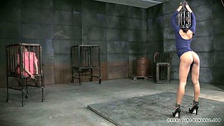 Bald headed sex slave is cuffed and punished in the dungeon