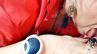 Mature Lady In Red, Footjob, Tit Fucking, Dirty Talk, Tongue On Clitoris & A Big Cock In The Mouth Of A Mature Beauty