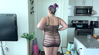 Erika Korti shows off in a fishnet sundress during her try-on haul, giving a glimpse of her wet pussy and big ass