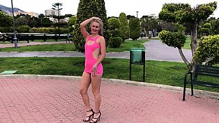 Sexy slender blonde milf flashing her juicy cunt in public