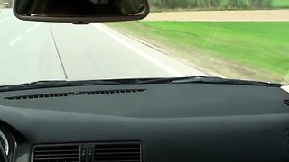 Amazing busty brunette slut doing blowjob outdoor