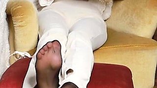 Skinny Secretary Kerry - Nylon Footplay & Shoeplay in Cream Sandals