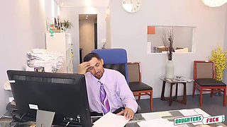 Horny teenagers seduce their old steppaps in a office