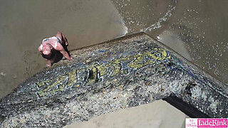 Slutty Porn Star Models on Public Beach