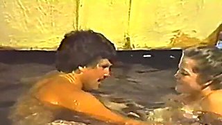 Retro sex by the pool with a couple