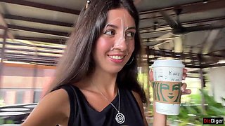 Blowjob in a Public Toilet Starbucks and Cumwalk - She drinks coffee with cum on face among people