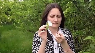 Desperate Girl Full Bladder Trying to Pee in the Forest and Smelling the Flowers